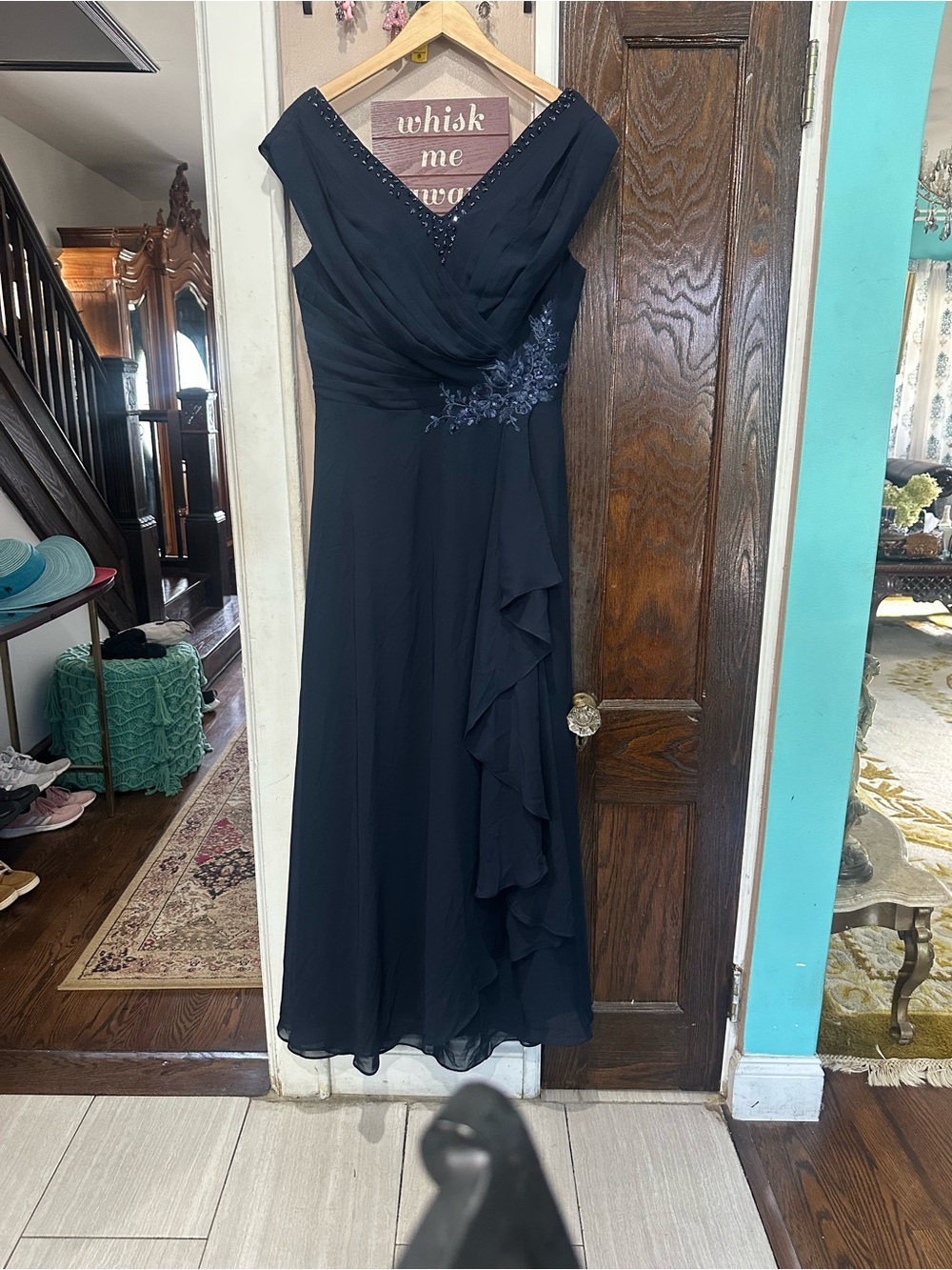 Elegant Navy V-Neck Ruffle Maxi Dress with Beaded Detail